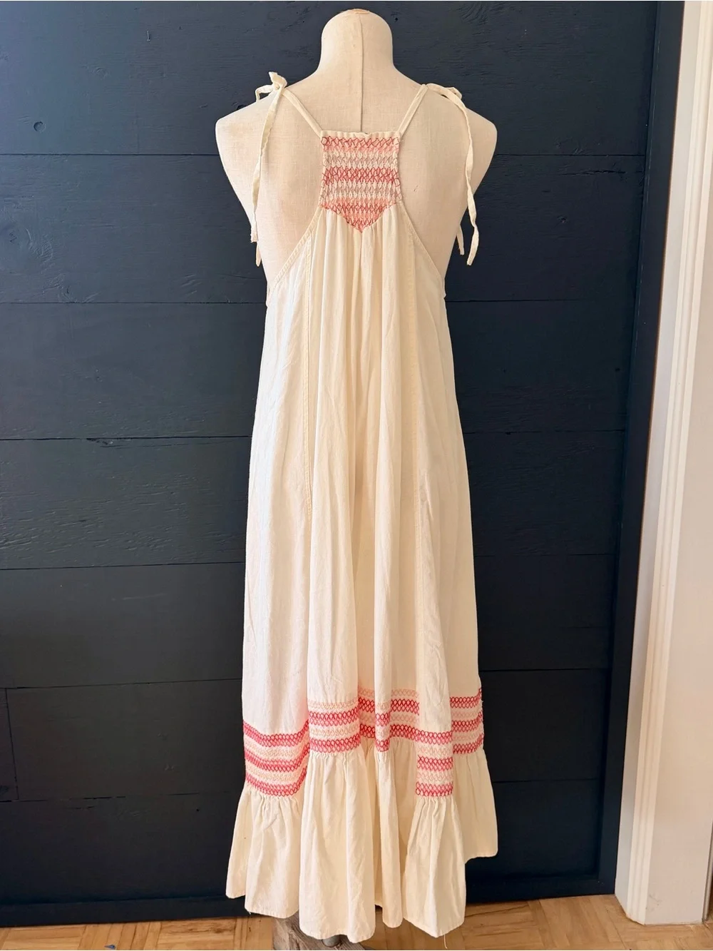 Free People Cream Smocked Tie-Strap Midi Dress with Pink Embroidery Size M